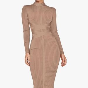 Women's Rayon Long Sleeves Bandage Dress Cross Strap Ribbed Club Party Midi Body